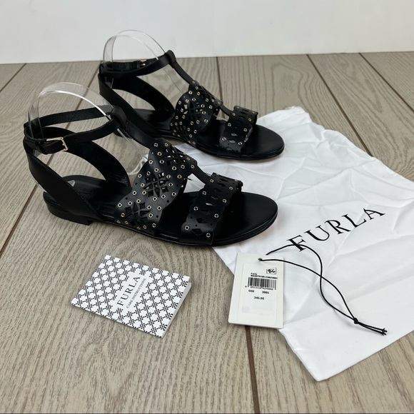 Furla Aurora Laser Cut Lace Pattern Leather Sandals EUR38.5 Onyx Black $345 - Picture 1 of 10